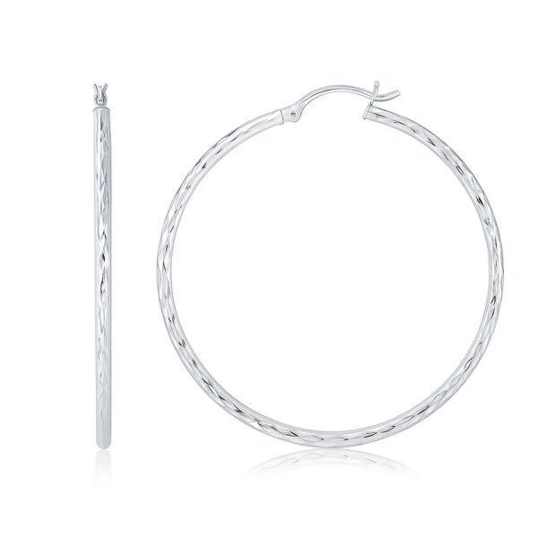 14k White Gold Diamond Cut Hoop Earrings (1 3/4 inch Diameter)