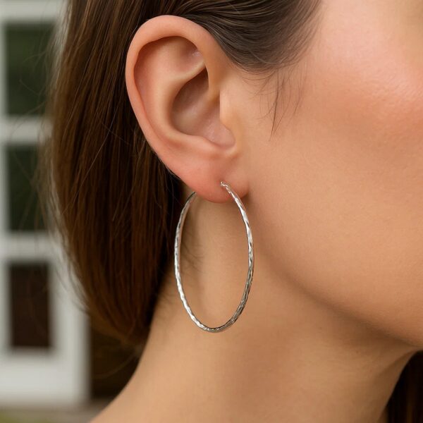 14k White Gold Diamond Cut Hoop Earrings (1 3/4 inch Diameter) - alternate view 3