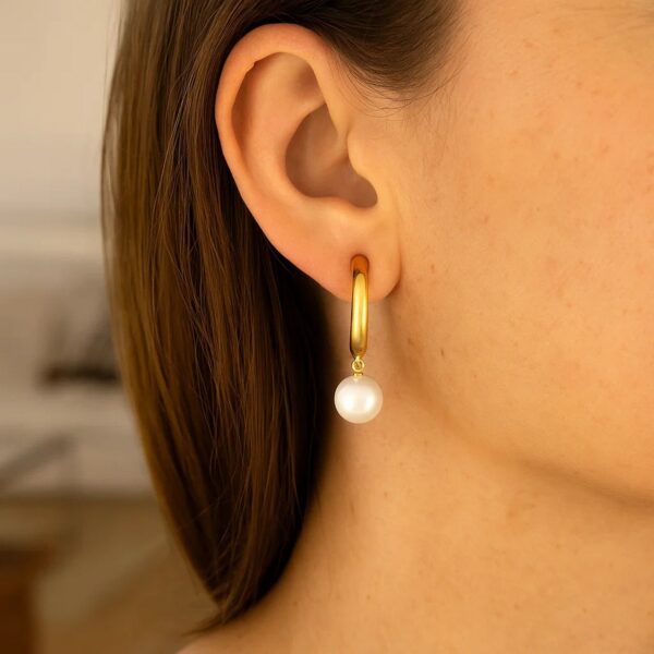14k Yellow Gold Half Hoop Earrings with Pearls - alternate view 2