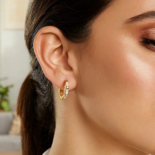 14k Yellow Gold Petite Octagonal Hoop Earrings with Cubic Zirconias - alternate view 2