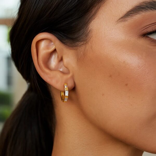 14k Yellow Gold Petite Octagonal Hoop Earrings with Cubic Zirconias - alternate view 3