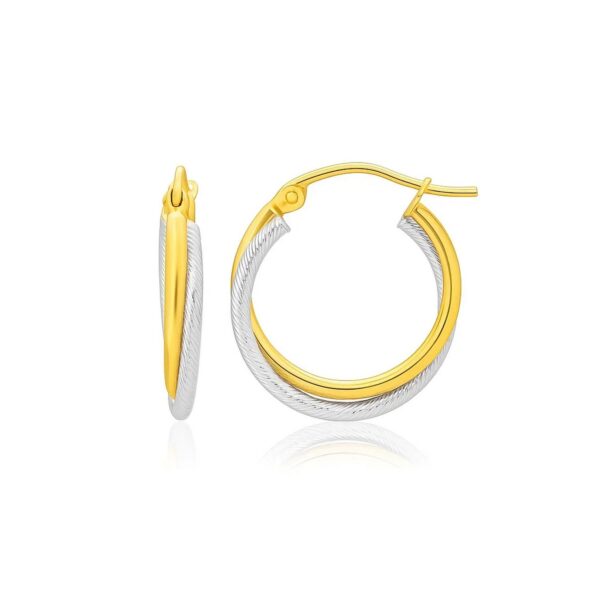14k Two Tone Gold Double Polished and Textured Hoop Earrings - Two-Tone Gold