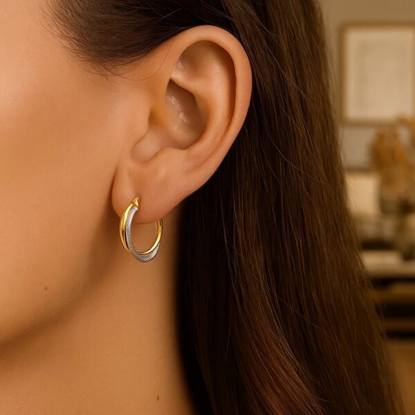 14k Two Tone Gold Double Polished and Textured Hoop Earrings - Two-Tone Gold - alternate view 2