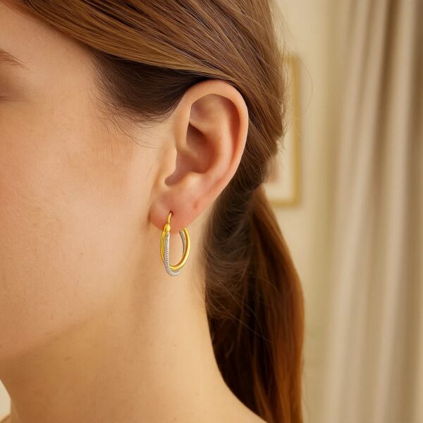 14k Two Tone Gold Double Polished and Textured Hoop Earrings - Two-Tone Gold - alternate view 3
