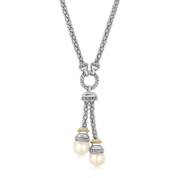 18k Yellow Gold and Sterling Silver Popcorn Style Necklace with Pearl Accents - Yellow Gold & Sterling Silver