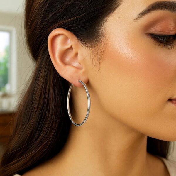 14k White Gold Polished Hoop Earrings (3x50mm) - alternate view 3