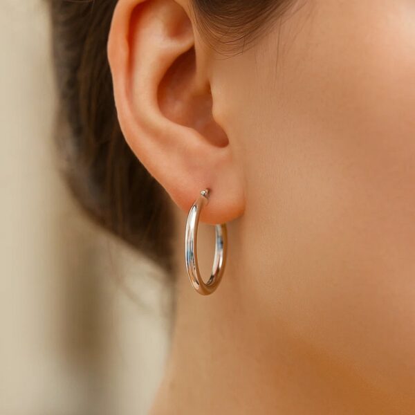 14k White Gold Polished Hoop Earrings (3x20mm) - alternate view 3