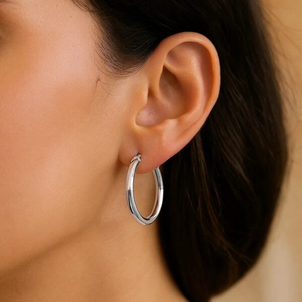 14k White Gold Polished Hoop Earrings (3x20mm) - alternate view 4