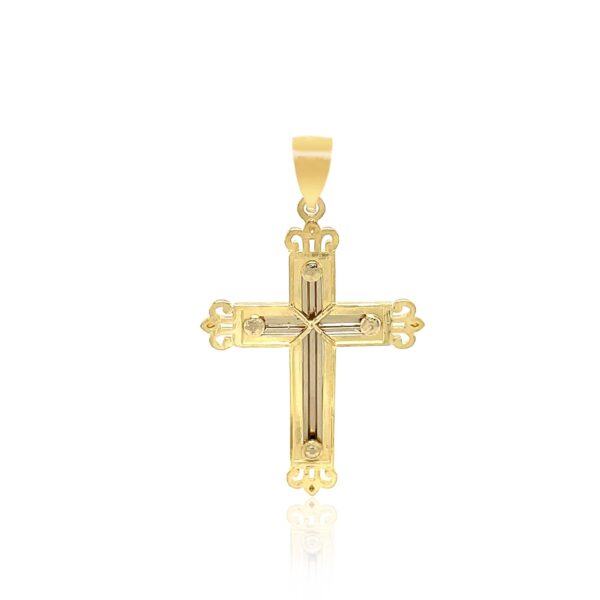 14k Two-Tone Gold Cross Pendant with an Ornate Budded Style - alternate view 2