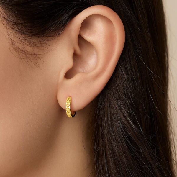 14k Yellow Gold Petite Round Hoop Earrings with Geometric Texture - alternate view 2