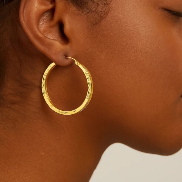 14k Yellow Gold Diamond Cut Hoop Earrings(2x35mm) - alternate view 2