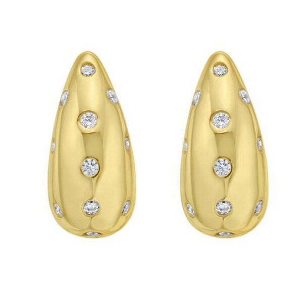 Sterling Silver Yellow Gold Plated Puffed Raindrop CZ Earrings - alternate view 2
