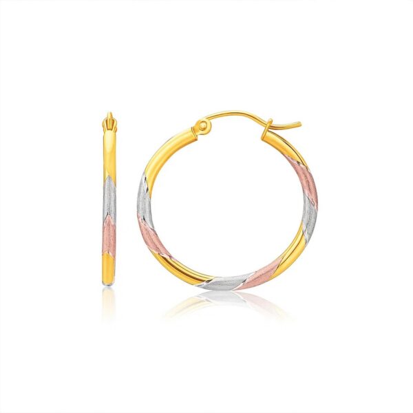 14k Tri-Color Textured Hoop Earrings (2x22mm) - Tri-Color Gold