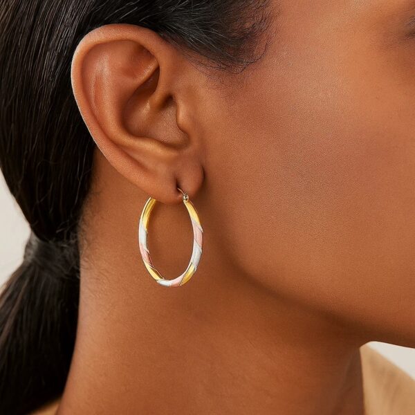 14k Tri-Color Textured Hoop Earrings (2x22mm) - Tri-Color Gold - alternate view 4