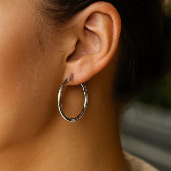 14k White Gold Polished Hoop Earrings (3x30mm) - alternate view 4