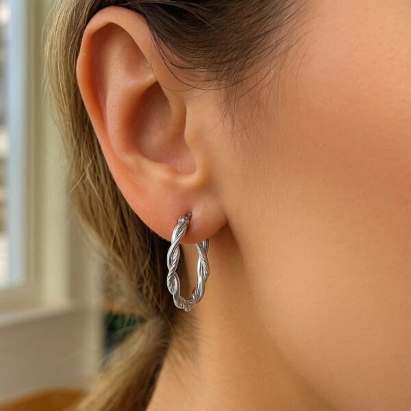 Sterling Silver Oval Hoop Braided Diamond Cut Earrings(4x22mm) - alternate view 3