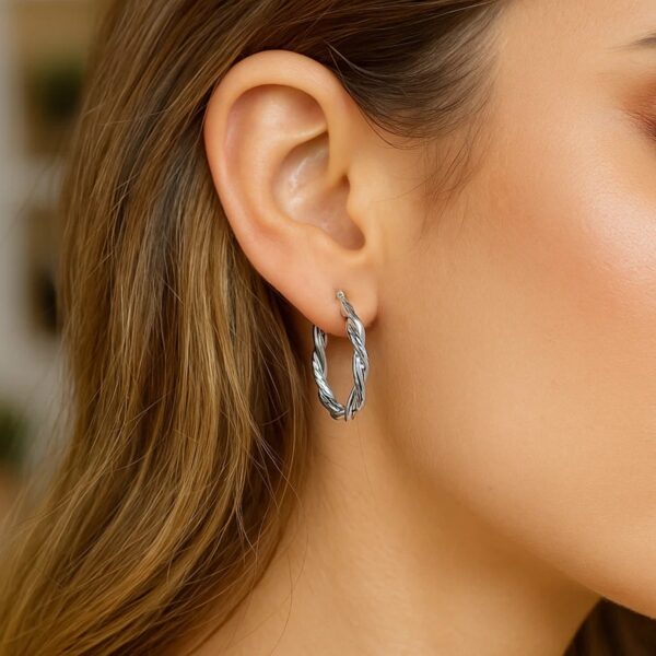 Sterling Silver Oval Hoop Braided Diamond Cut Earrings(4x22mm) - alternate view 4