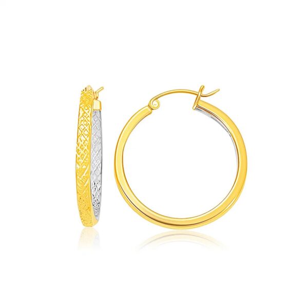 14K TwoTone Yellow and White Gold Petite Patterned Hoop Earrings(3x25mm) - Two-Tone Gold
