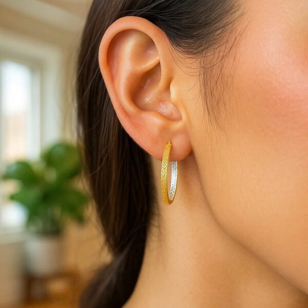 14K TwoTone Yellow and White Gold Petite Patterned Hoop Earrings(3x25mm) - Two-Tone Gold - alternate view 3