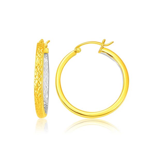 Two-Tone Yellow and White Gold Medium Patterned Hoop Earrings(3x30mm) - Two-Tone Gold