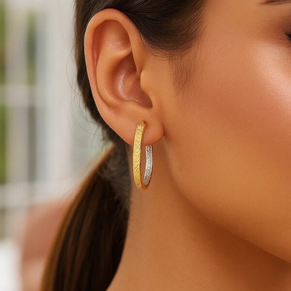 Two-Tone Yellow and White Gold Medium Patterned Hoop Earrings(3x30mm) - Two-Tone Gold - alternate view 2