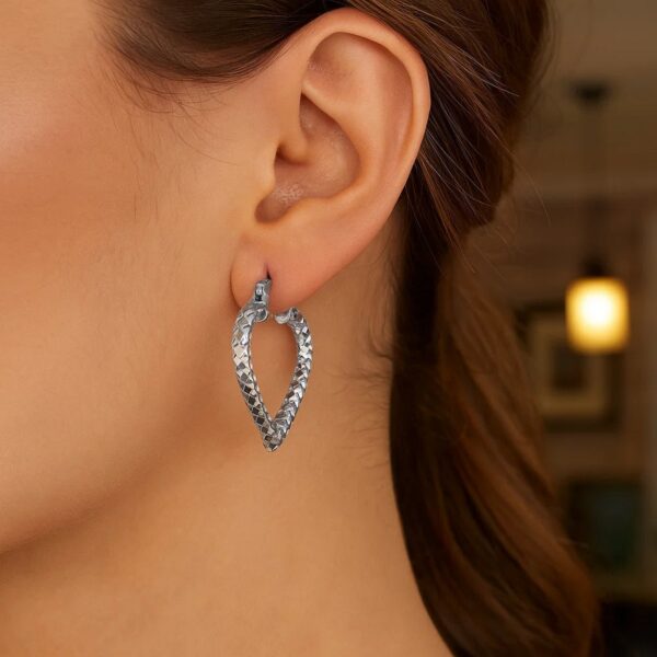 Sterling Silver Rhodium Plated Heart Style Hoop Diamond Cut Earrings(3x22mm) - alternate view 2
