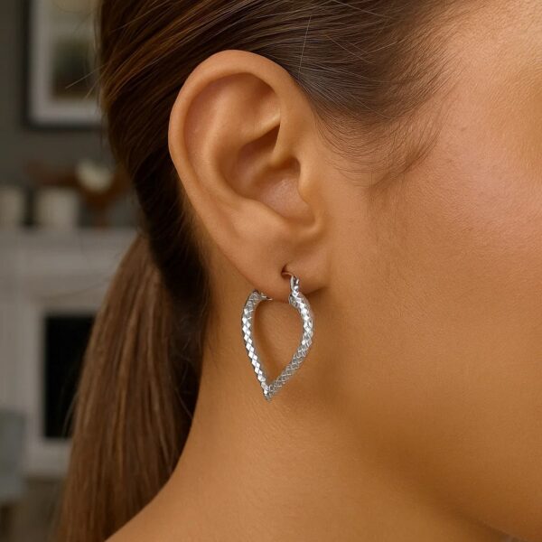 Sterling Silver Rhodium Plated Heart Style Hoop Diamond Cut Earrings(3x22mm) - alternate view 3