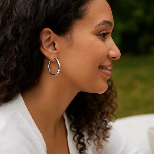 14k White Gold Polished Hoop Earrings (4x25mm) - alternate view 2