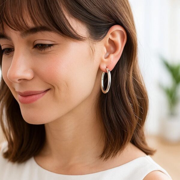 14k White Gold Polished Hoop Earrings (4x25mm) - alternate view 4