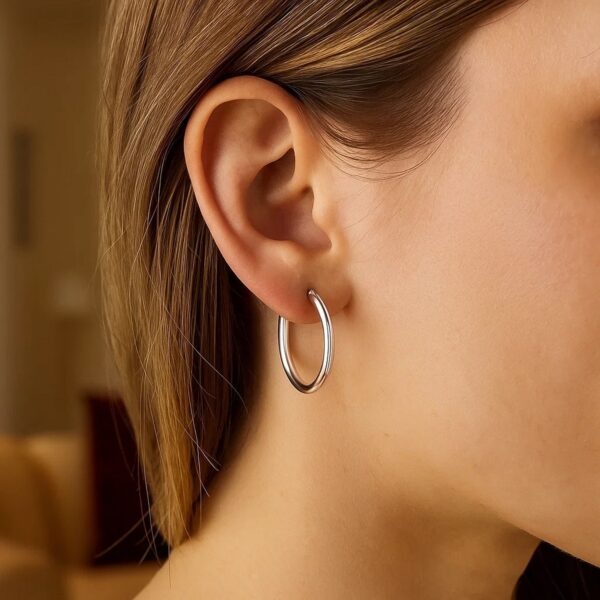 14k White Gold Polished Hoop Earrings (4x25mm) - alternate view 5
