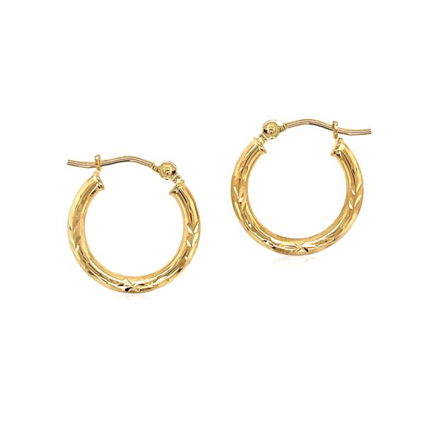 14k Yellow Gold Fancy Diamond Cut Slender Small Hoop Earrings (2x15mm) - alternate view 2