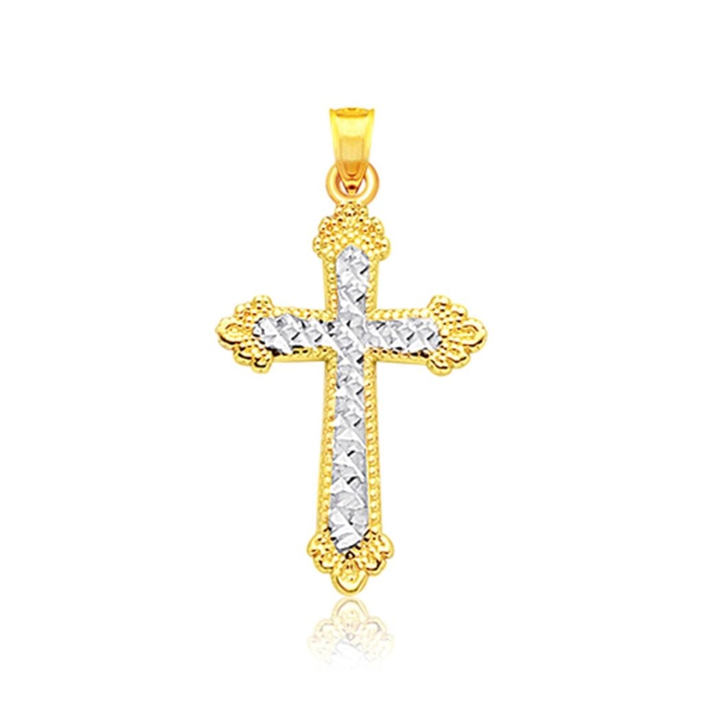 14k Two Tone Gold Diamond Cut Cross Pendant - Two-Tone Gold