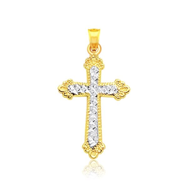 14k Two Tone Gold Diamond Cut Cross Pendant - Two-Tone Gold