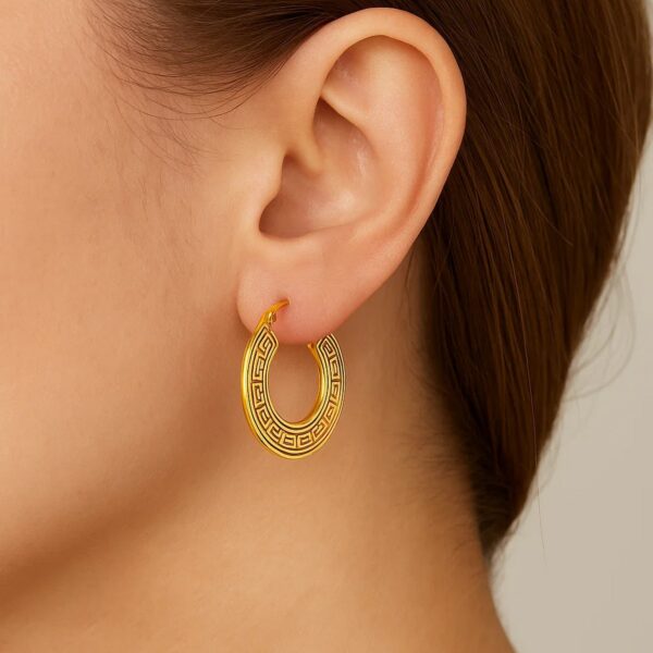 14k Yellow Gold Greek Key Small Hoop Earrings - alternate view 2