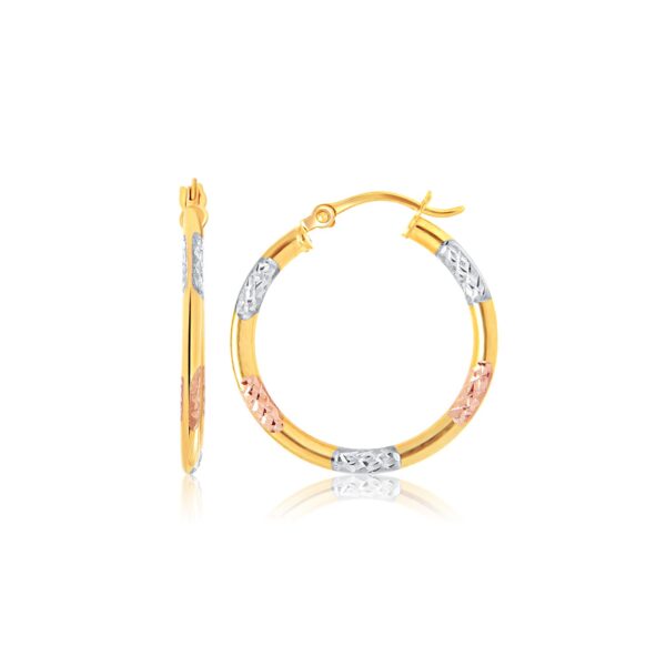 Tri-Color Hoop Earrings with Diamond Cut Accents in 14k Gold(2x15mm) - Tri-Color Gold