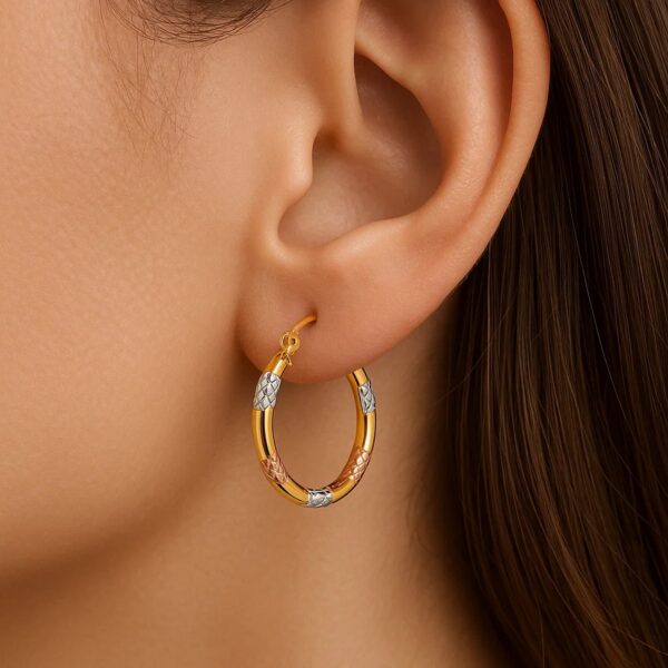 Tri-Color Hoop Earrings with Diamond Cut Accents in 14k Gold(2x15mm) - Tri-Color Gold - alternate view 2