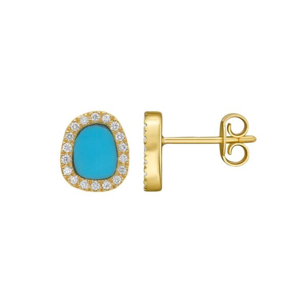 14K Yellow Gold Diamond and Turquoise Freeform Cushion Earrings - alternate view 2