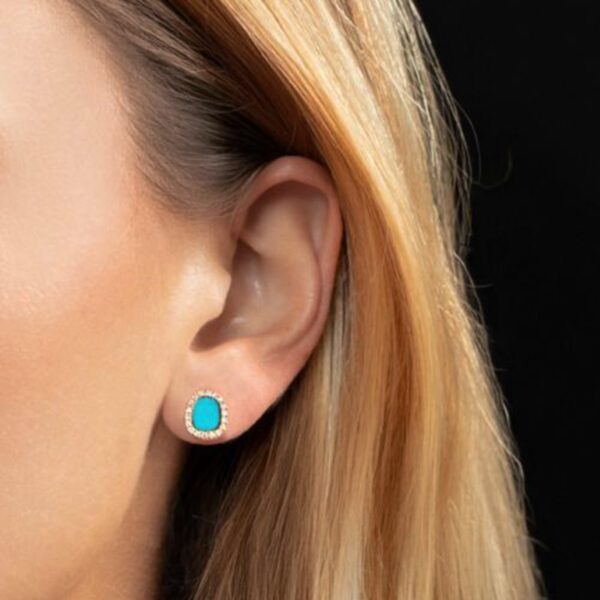 14K Yellow Gold Diamond and Turquoise Freeform Cushion Earrings - alternate view 4