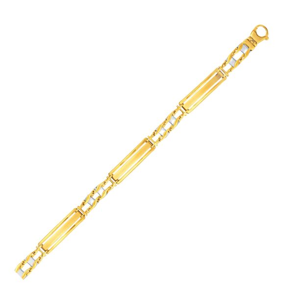 14k Two-Tone Gold Fancy Bar Style Mens Bracelet with Curved Connectors (9.65 mm)