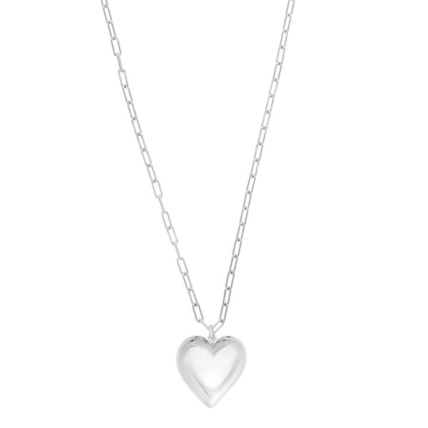 Sterling Silver Rhodium Plated Large Puffed Heart Long Necklace