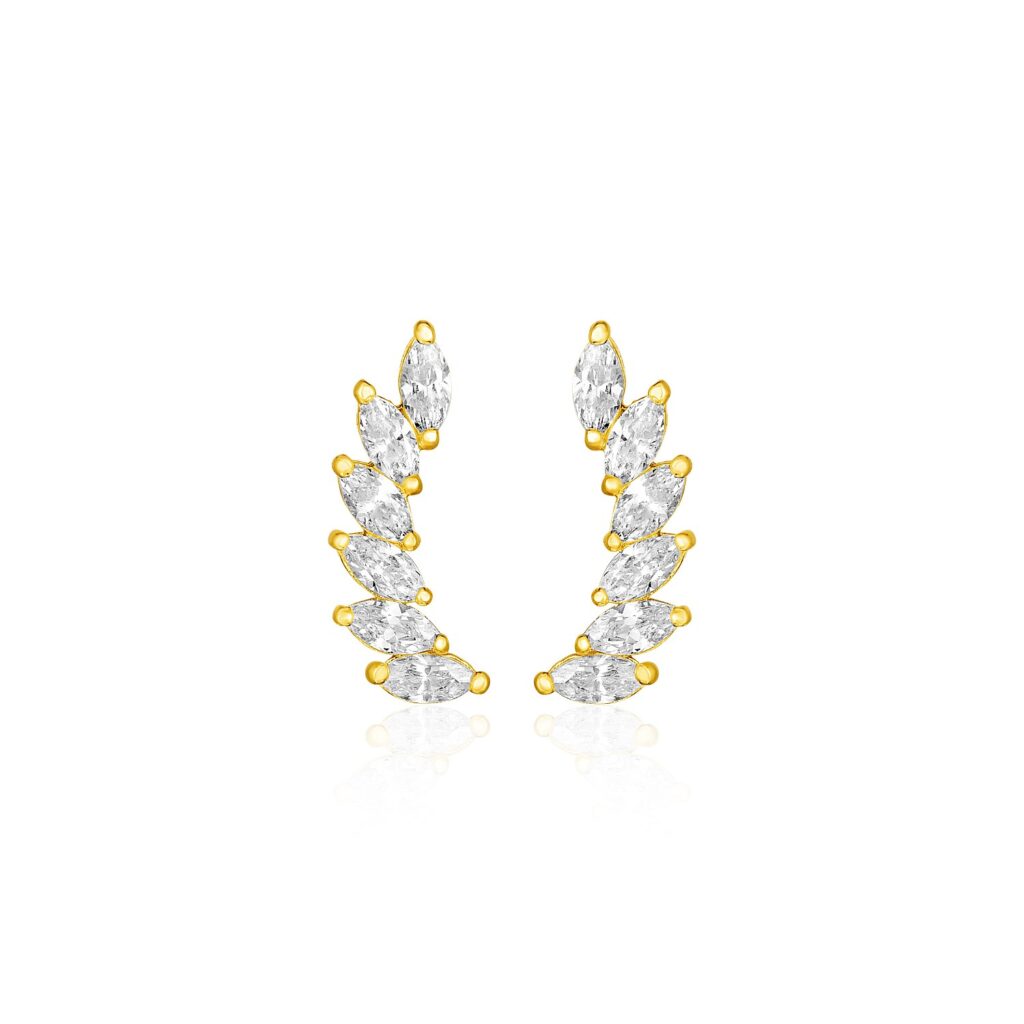 14k Yellow Gold Leaf Motif Climber Post Earrings with Marquise Cubic Zirconias