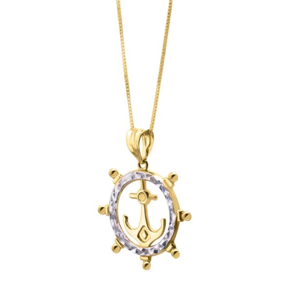 Ships Wheel Anchor Necklace in 10K Yellow Gold - Two-Tone Gold