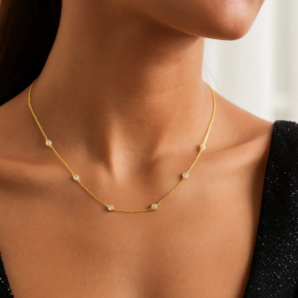 14k Yellow Gold Station Necklace with Round Diamonds - alternate view 4