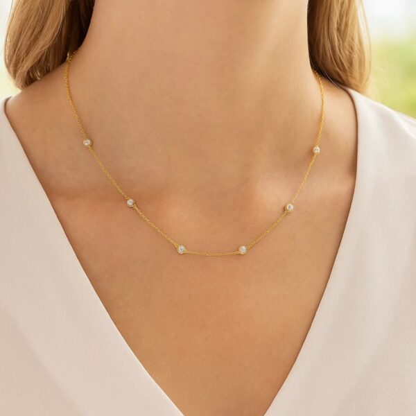 14k Yellow Gold Station Necklace with Round Diamonds - alternate view 5