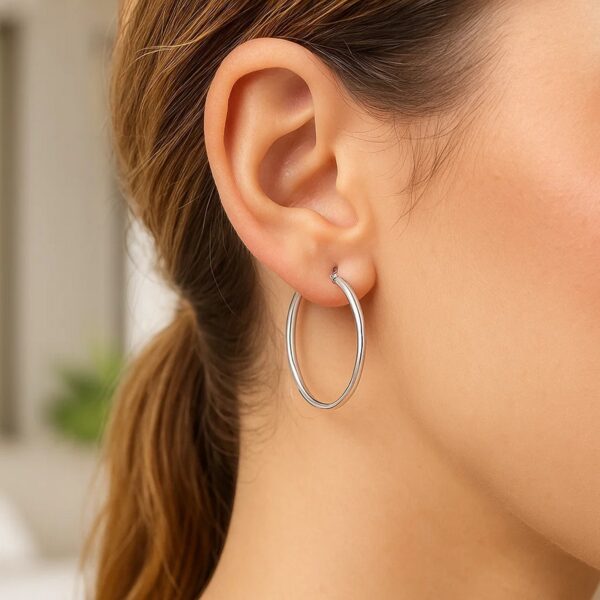 Sterling Silver Thin Polished Hoop Style Earrings with Rhodium Plating (2x30mm) - alternate view 3