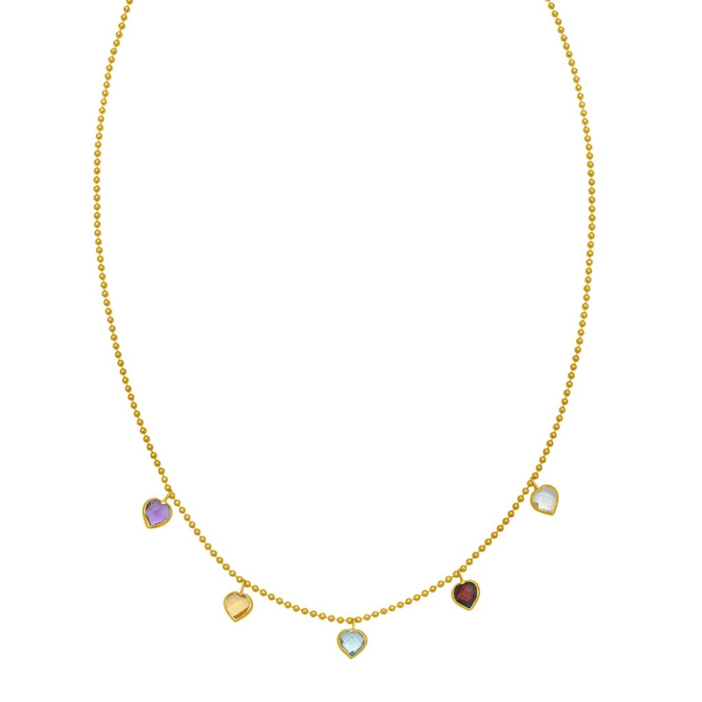 14K Yellow Gold Multi Gemstone Heart Necklace (1.50 mm)
