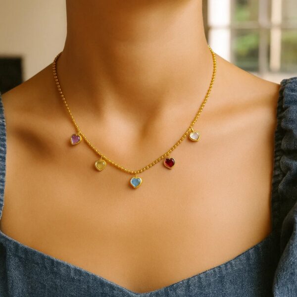 14K Yellow Gold Multi Gemstone Heart Necklace (1.50 mm) - alternate view 4