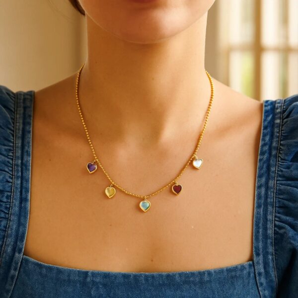 14K Yellow Gold Multi Gemstone Heart Necklace (1.50 mm) - alternate view 5