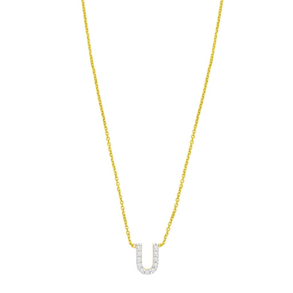 14K Yellow Gold Mini Diamond U Initial Pendant Necklace