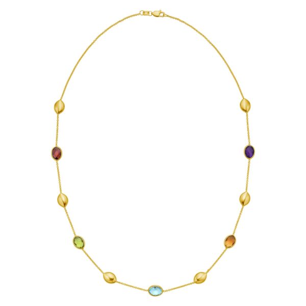14K Yellow Gold Oval Gemstone and Bead Necklace